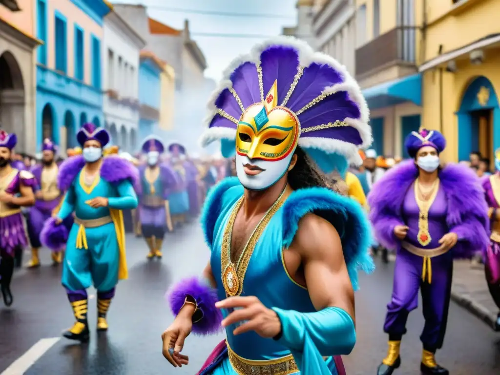 Vibrante pintura acuarela de Carnaval en Uruguay