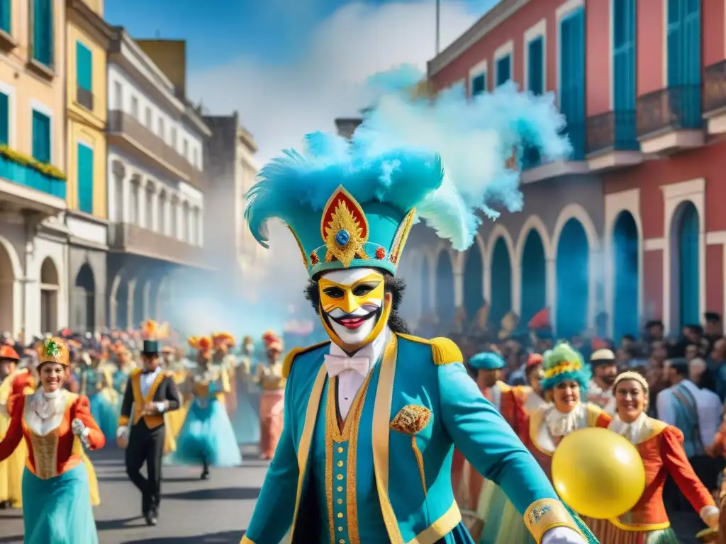 Vibrante pintura acuarela del Carnaval en Uruguay 2021 con trajes coloridos, carrozas y bailarines enérgicos