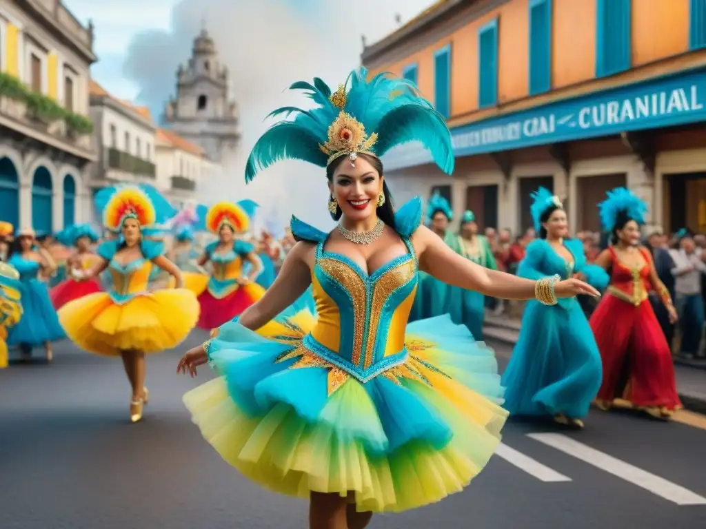 Vibrante pintura acuarela del Carnaval Uruguayo, con deslumbrantes disfraces y energéticos bailarines