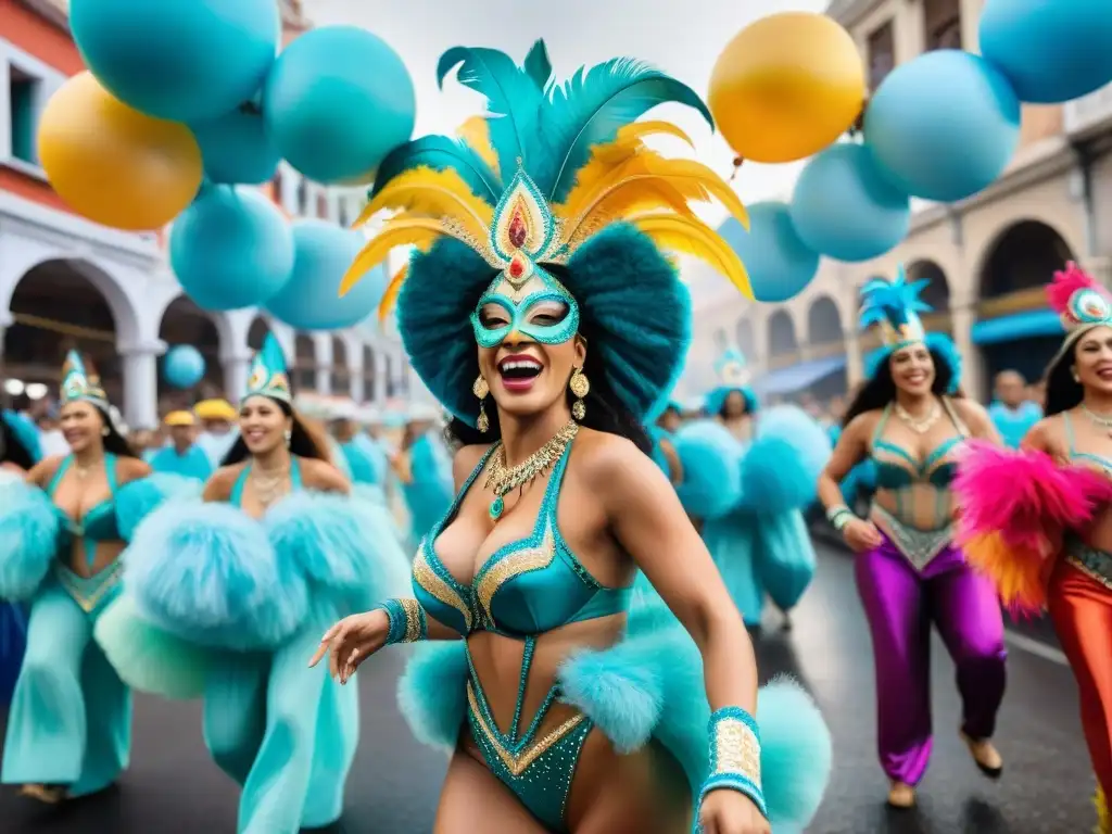 Vibrante pintura acuarela del Carnaval de Uruguay con desfile alegre