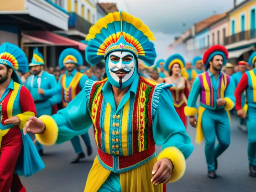 Una vibrante pintura acuarela del Carnaval en Uruguay, con ritmos tradicionales y coloridas vestimentas