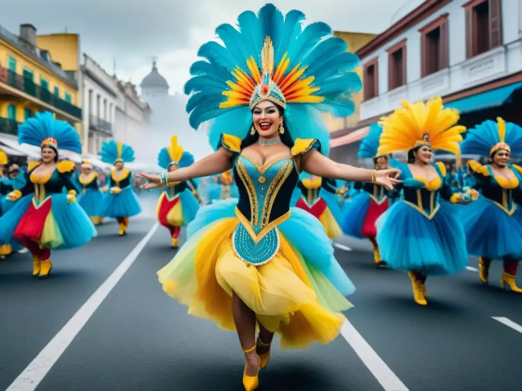 Vibrante pintura acuarela de carnaval en Uruguay, destacando comparsas y su impacto en la identidad uruguaya