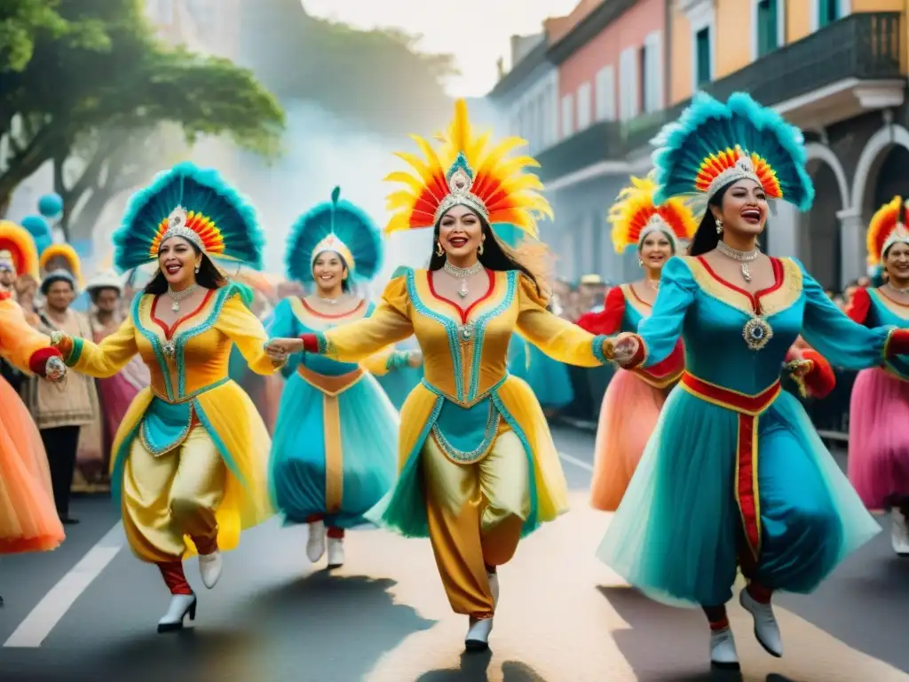 Vibrante pintura acuarela del Carnaval en Uruguay con danza y música uruguaya integradas