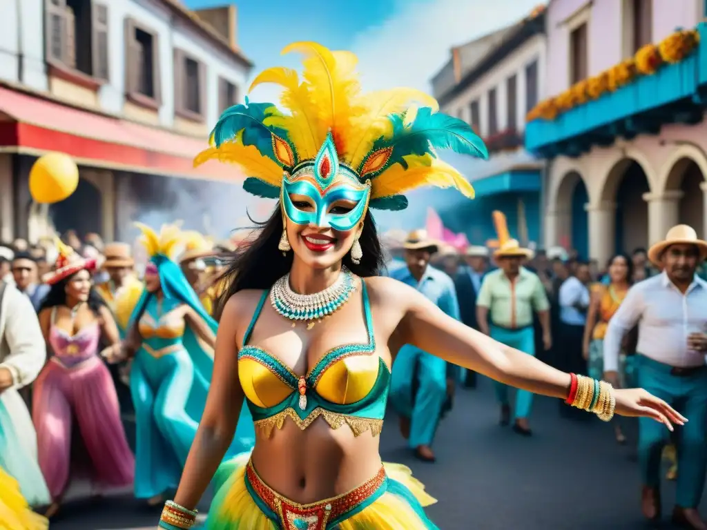 Vibrante pintura acuarela del Carnaval Uruguayo con evolución cultural y energía festiva