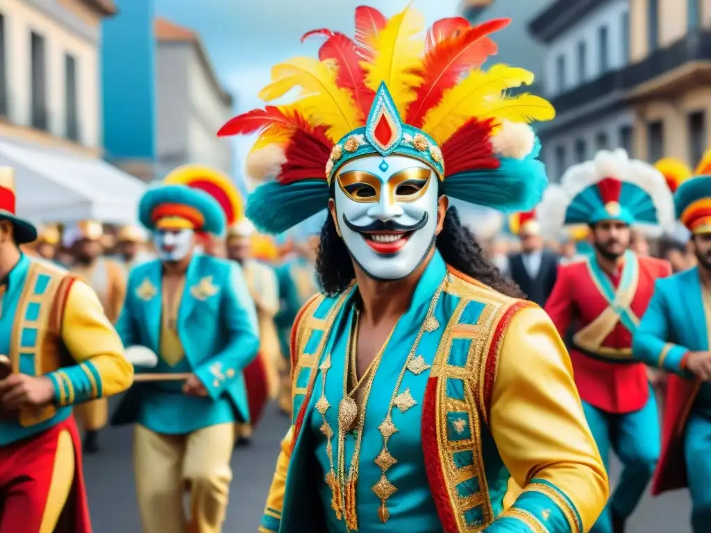 Una vibrante pintura acuarela del Carnaval en Uruguay, con trajes coloridos y ritmos tradicionales del Carnaval Uruguayo