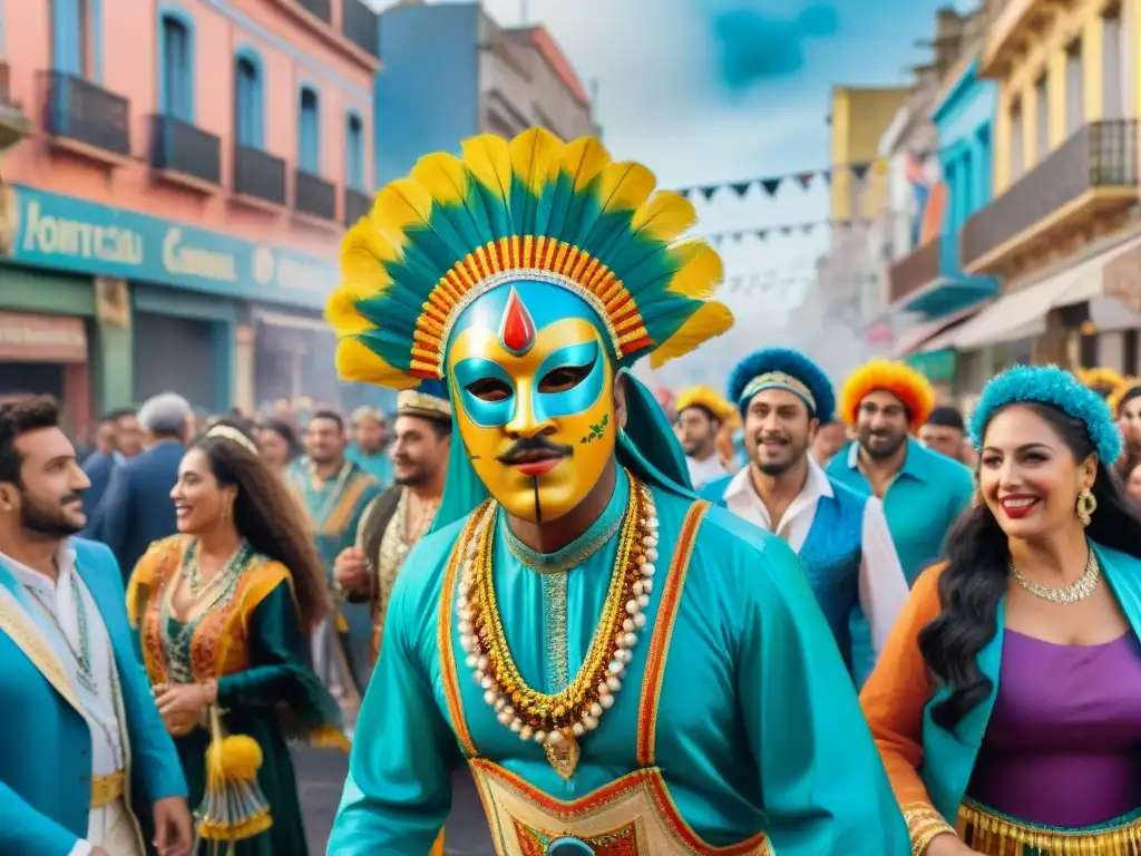 Vibrante pintura acuarela de Carnaval en Montevideo con instrumentos típicos Carnaval Uruguayo