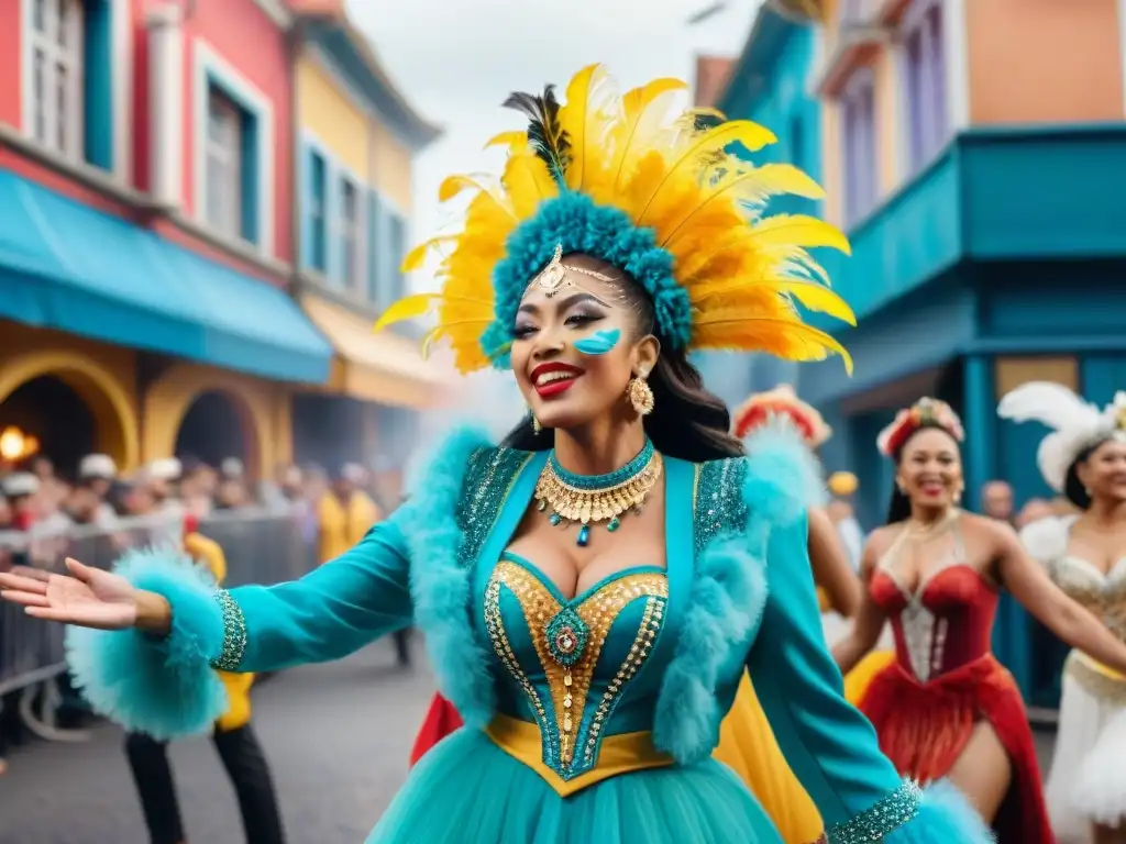 Una vibrante pintura acuarela del Carnaval, manteniendo viva la historia del Carnaval con bailarines y música tradicional