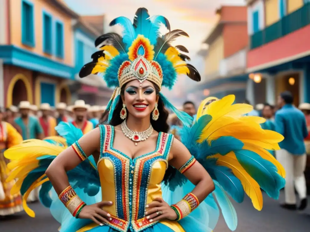 Una vibrante pintura acuarela del Carnaval Uruguayo, resaltando la importancia del vestuario en la celebración