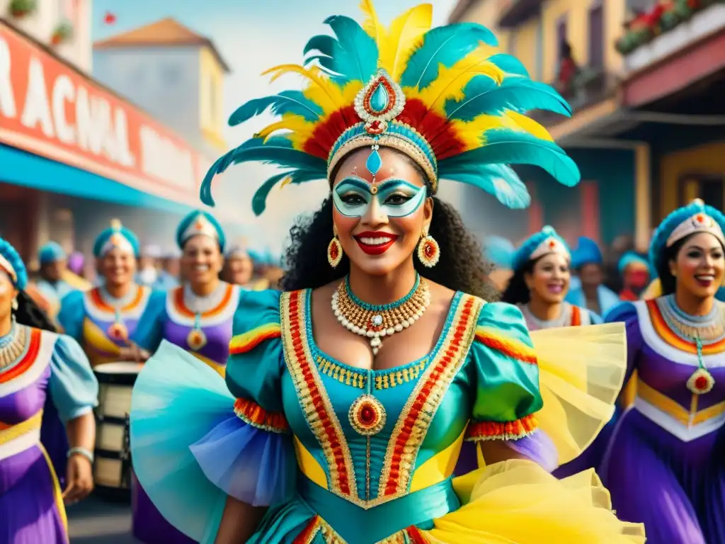 Vibrante Carnaval: Celebración de género diverso con mujeres empoderadas Vibrante pintura acuarela de Carnaval con inclusión de género en comparsas y empoderamiento femenino