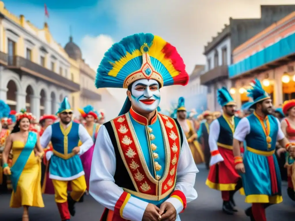 Vibrante pintura acuarela del Carnaval Uruguayo, con trajes coloridos, bailarines y música tradicional