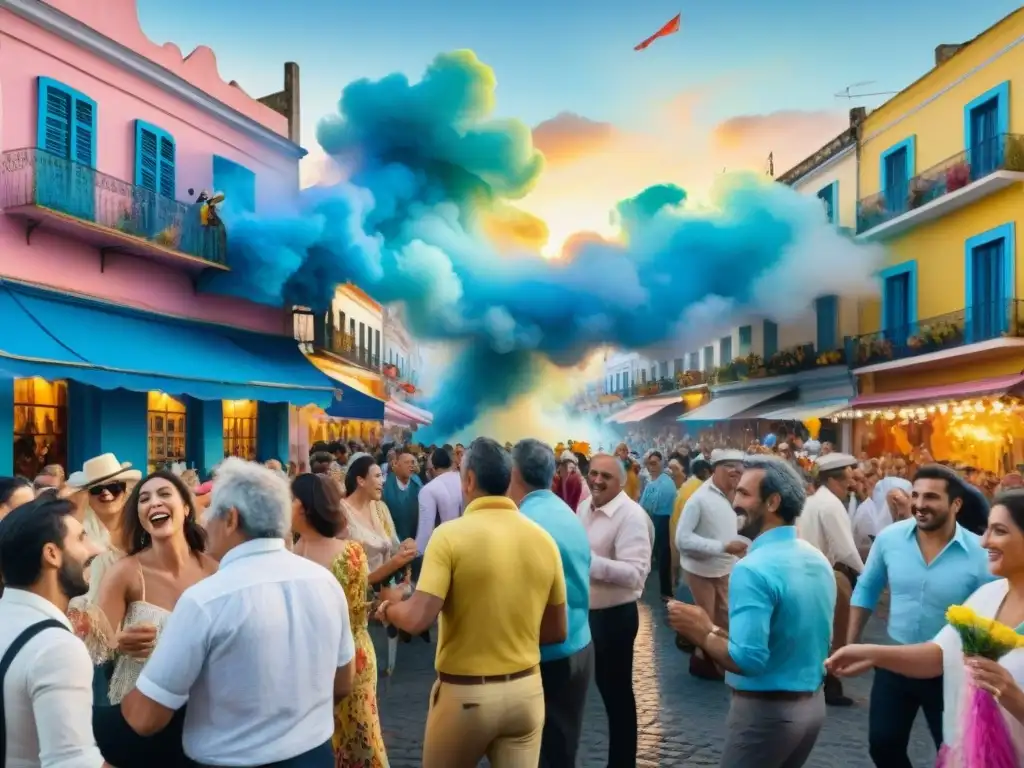 Vibrante pintura acuarela de Carnaval en Uruguay, con desfile de coloridos trajes y edificios tradicionales