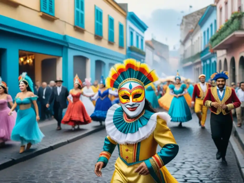 Vibrante pintura acuarela del Carnaval Uruguayo, con trajes coloridos y músicos en calles empedradas históricas