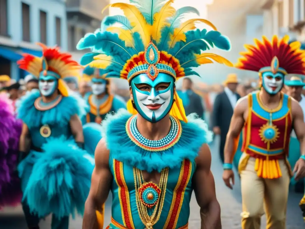 Una vibrante pintura acuarela del Carnaval en Uruguay, destacando colores, máscaras y bailes