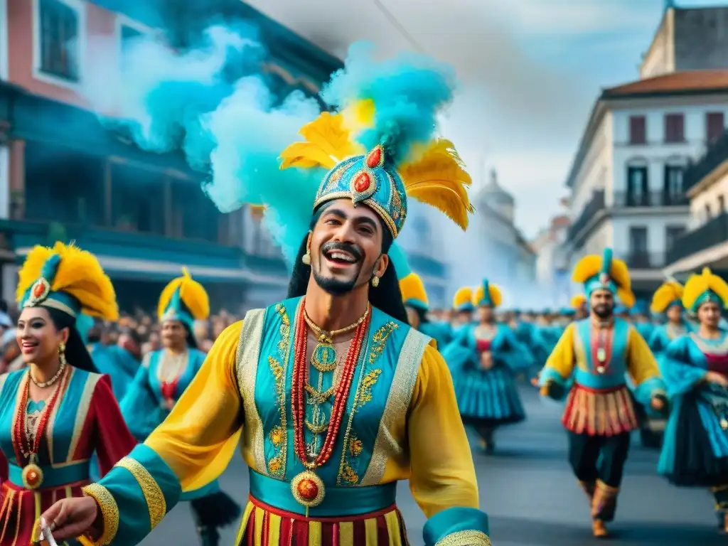 Vibrante pintura acuarela del Carnaval Uruguayo con deslumbrantes disfraces y carrozas, capturando la energía festiva