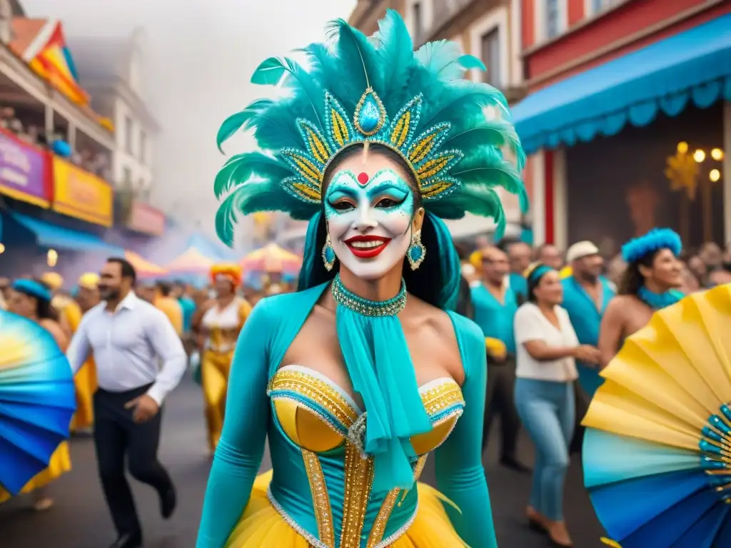 Una vibrante pintura acuarela del Carnaval Uruguayo en superficies inesperadas, con detalles coloridos y energía festiva