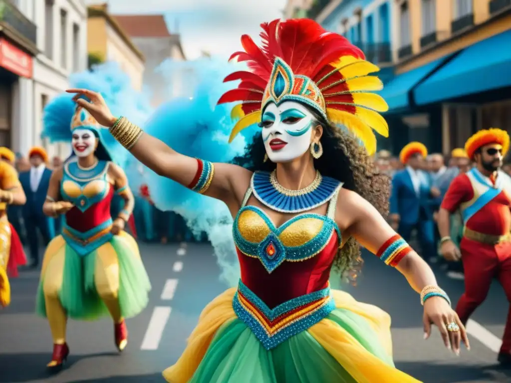 Vibrante pintura acuarela del Carnaval Uruguayo en superficies inesperadas