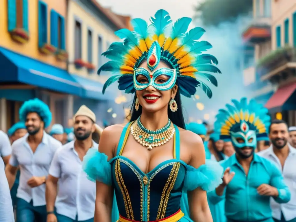 Vibrante pintura acuarela del Carnaval Uruguayo, retratos de alegría y coloridas máscaras en las calles