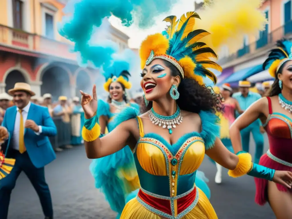 Una vibrante pintura acuarela retrata el Carnaval Uruguayo con alegría, coloridos trajes y música, en medio de una festiva celebración