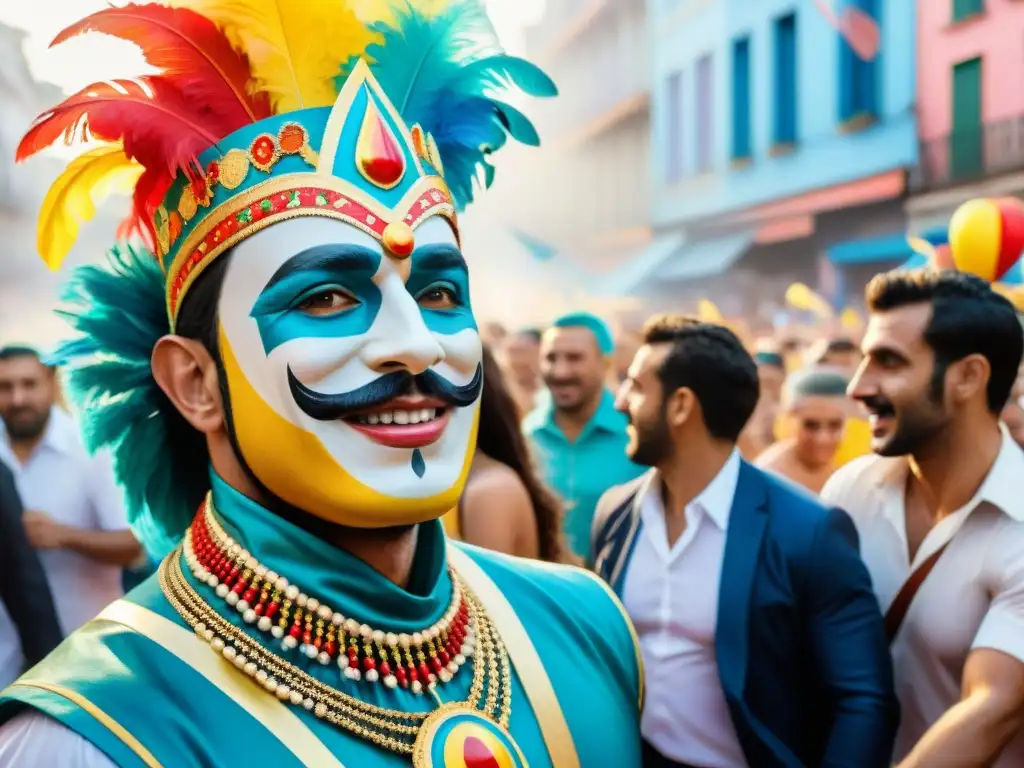 Vibrante pintura acuarela del Carnaval Uruguayo, con emociones intensas en rostros de artistas y espectadores