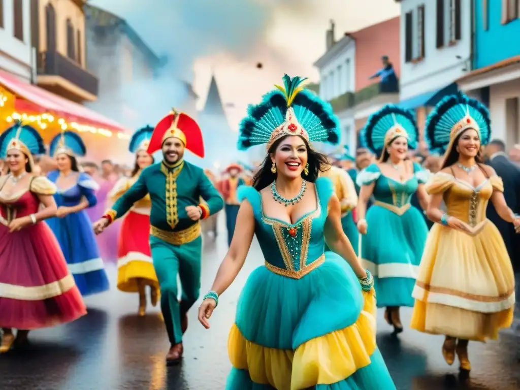 Vibrante pintura acuarela del Carnaval en Uruguay con Platos icónicos Carnaval Uruguayo, energía festiva y coloridos trajes tradicionales