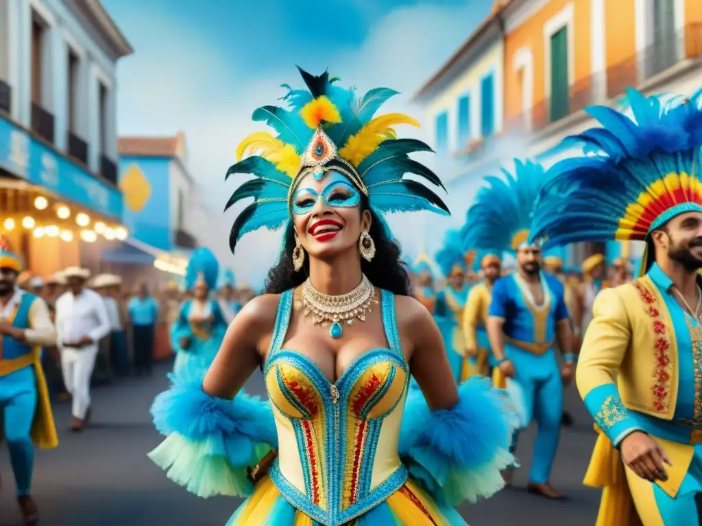 Vibrante pintura acuarela del Carnaval Uruguayo con coloridos trajes y música, recreando la energía festiva