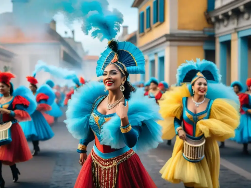 Vibrante pintura acuarela del Carnaval Uruguayo, con bailarines coloridos y músicos, evocando la alegría y la cultura de esta atracción turística