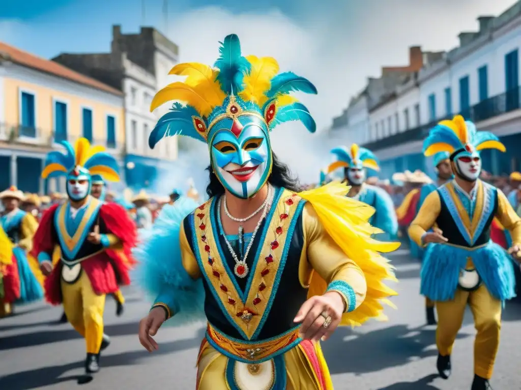 Vibrante pintura acuarela del Carnaval Uruguayo, con coloridos trajes y máscaras, bailarines alegres y música tradicional