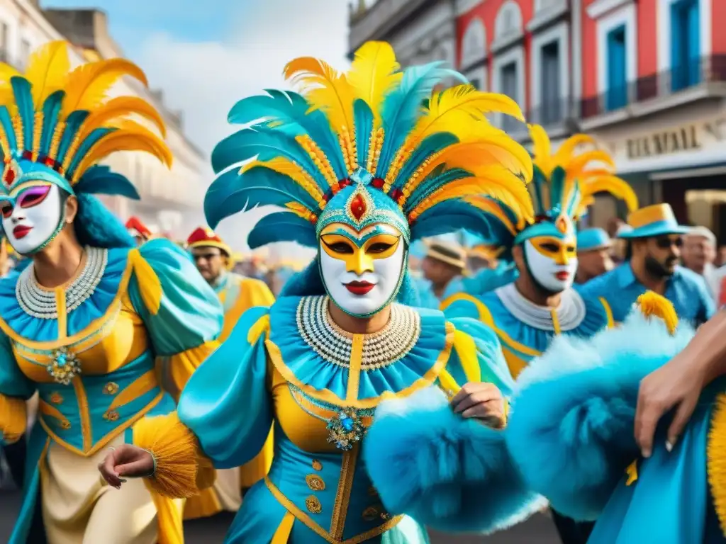 Vibrante pintura acuarela del Carnaval Uruguayo 2022 fusionando tradición y modernidad en un desfile colorido y emocionante