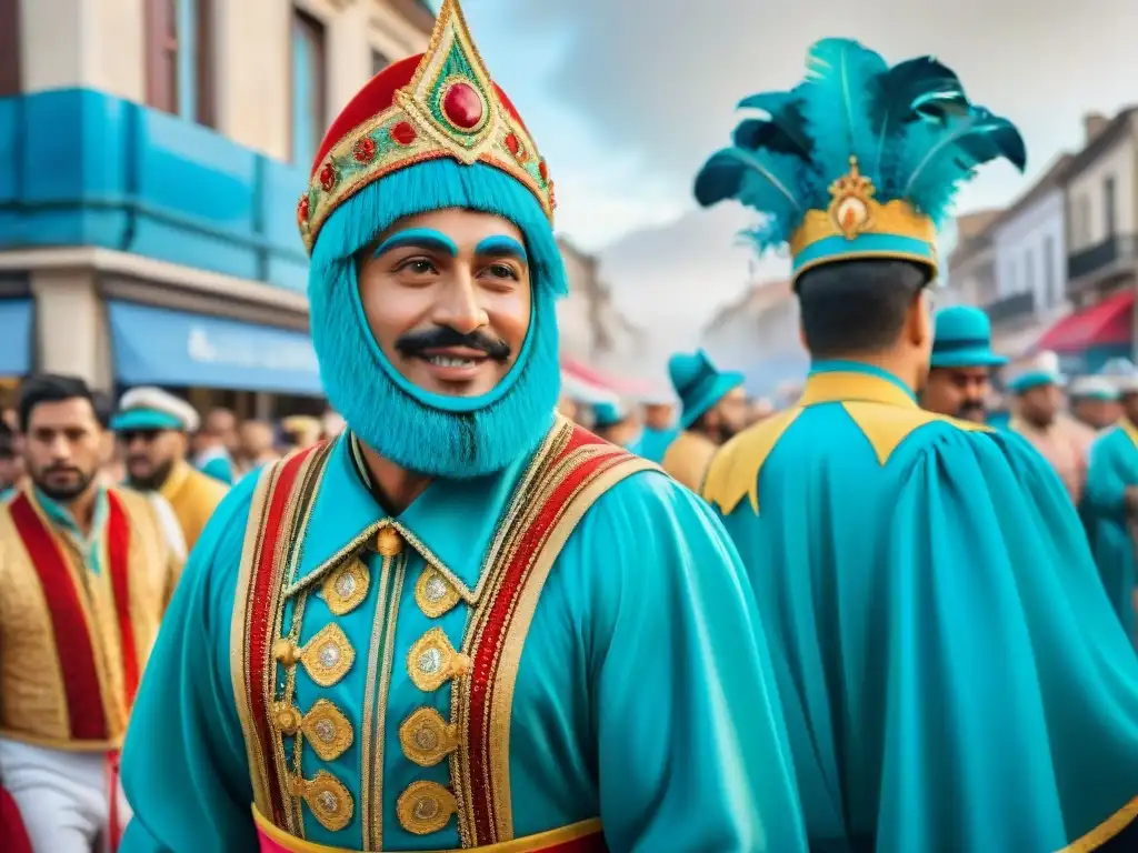 Una vibrante pintura acuarela del Carnaval en Uruguay, destacando sus coloridos trajes y danzas tradicionales