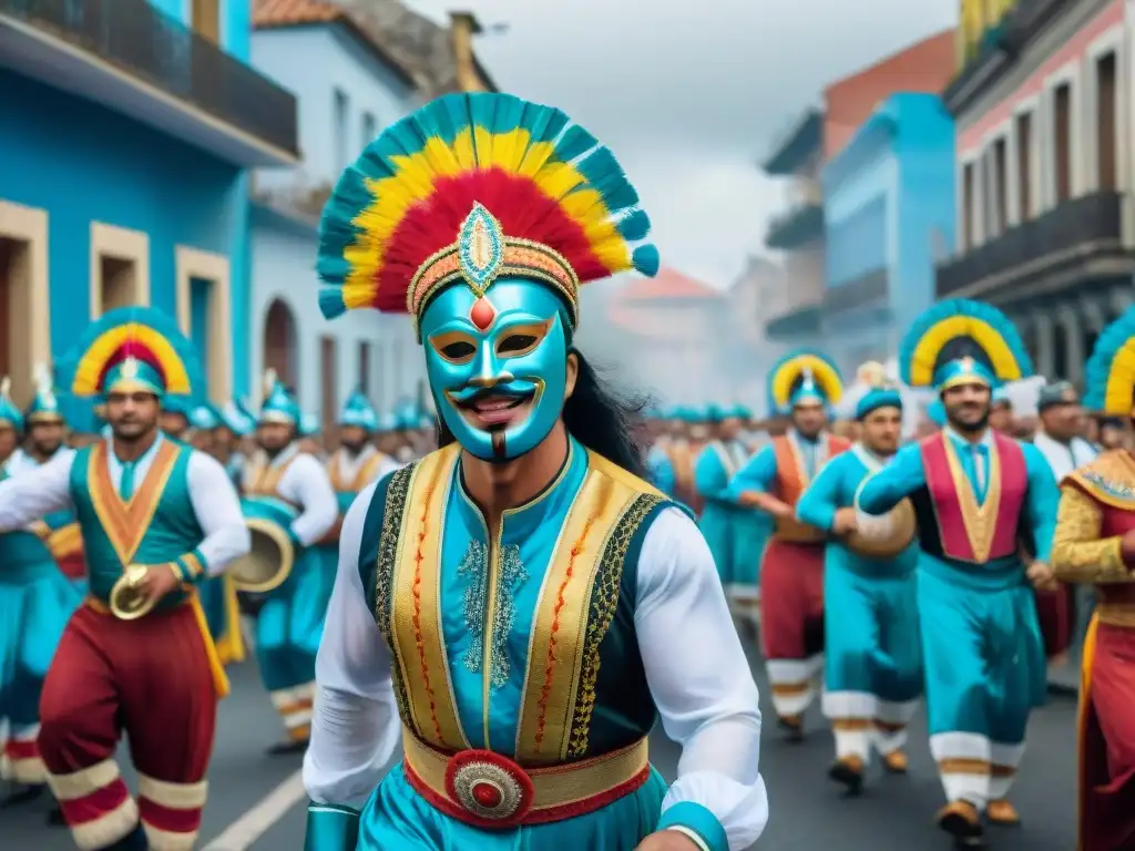 Una vibrante pintura acuarela del Carnaval en Uruguay, mostrando la Resiliencia del Carnaval Uruguayo con deslumbrantes colores y música festiva