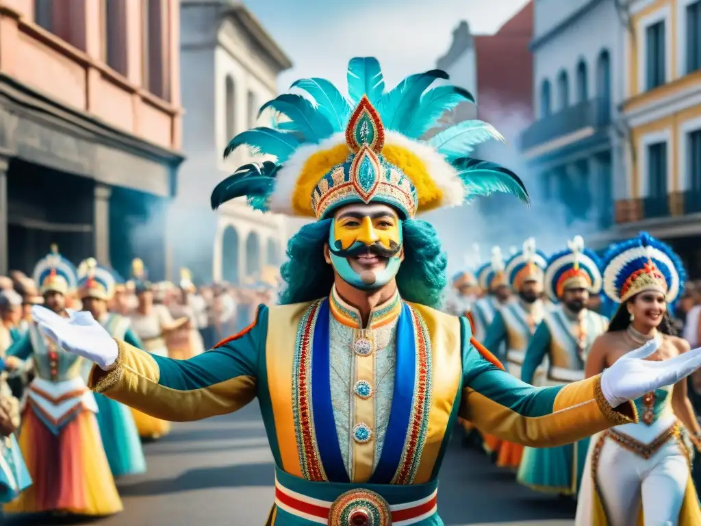 Una vibrante pintura acuarela del Carnaval en Uruguay con figuras icónicas, historia y colorido desfile de disfraces