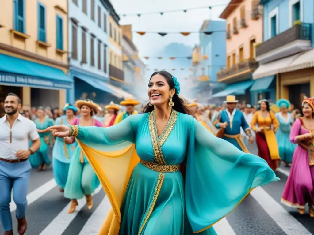 Vibrante pintura acuarela de Carnaval en Uruguay, reflejando la cultura y la alegría de la celebración