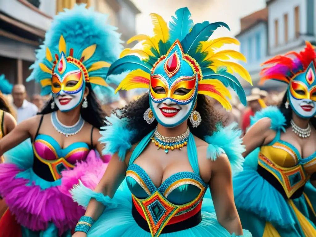 Vibrante pintura acuarela del Carnaval en Uruguay con coloridos trajes y máscaras, reflejando la cultura Carnaval Uruguayo