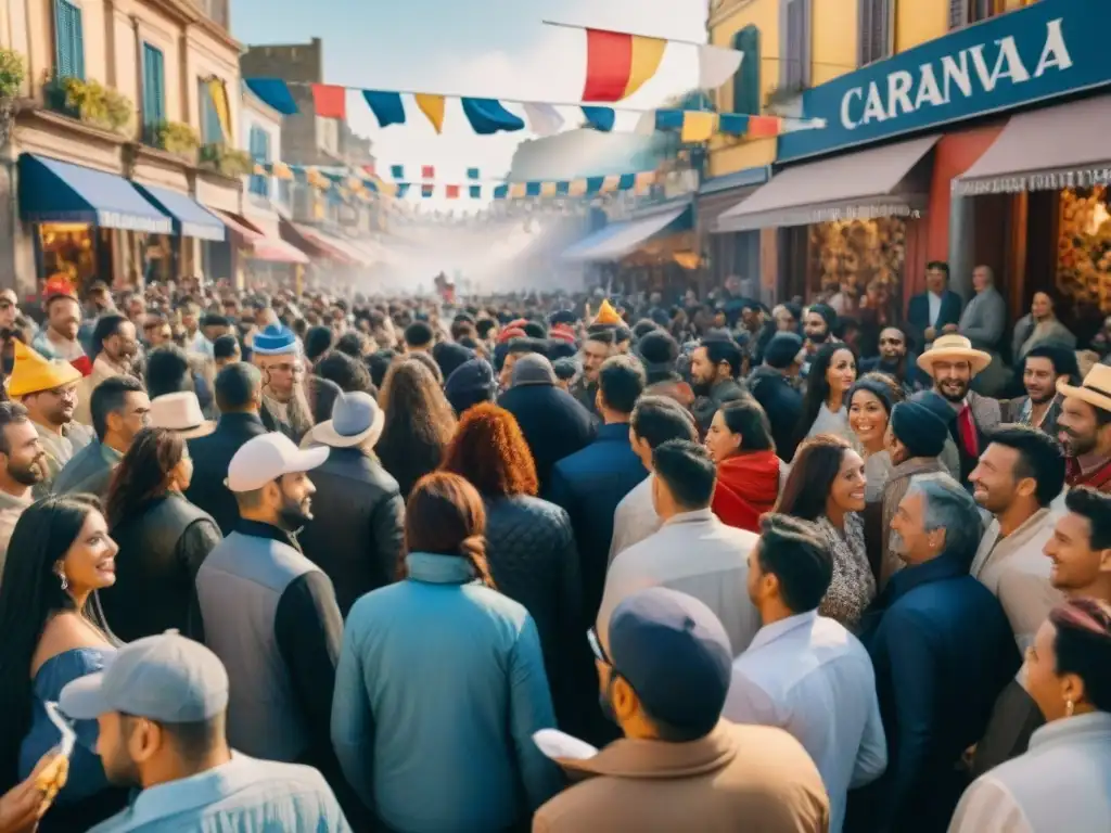 Una vibrante pintura acuarela del Carnaval Uruguayo, reflejando la unión comunitaria a través de coloridos desfiles y celebraciones