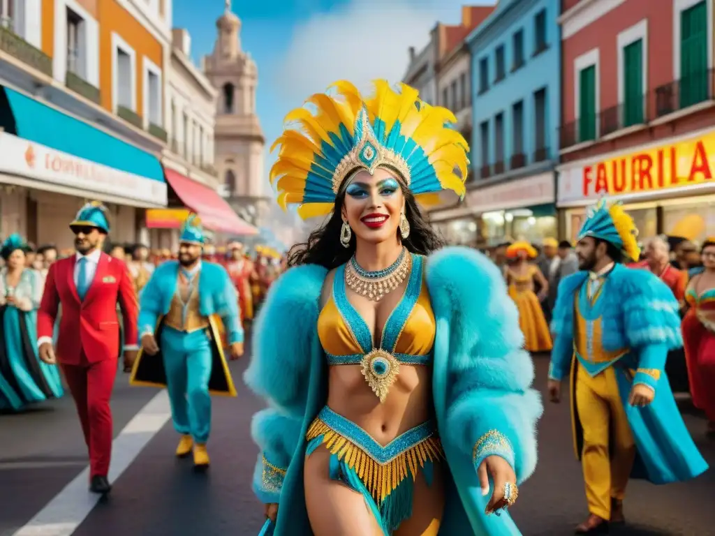 Montevideo en Carnaval: Colorida celebración y su impacto económico Vibrante pintura acuarela de Carnaval en Montevideo, Uruguay