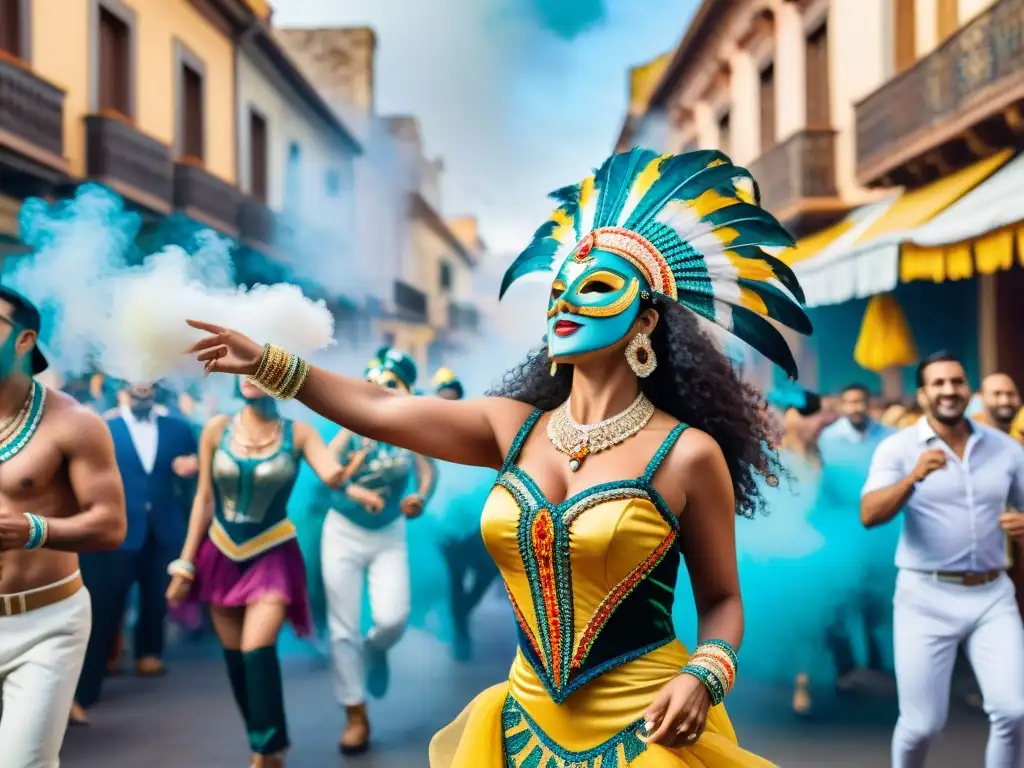 Una vibrante pintura acuarela del Carnaval Uruguayo con coloridos trajes y máscaras, gente bailando y confeti en el aire