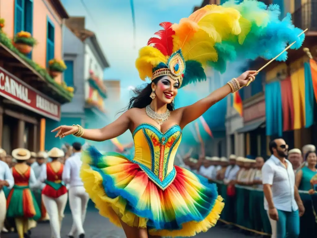 Vibrante pintura acuarela del Carnaval Uruguayo, preservando herencia cultural con danzas y colores festivos