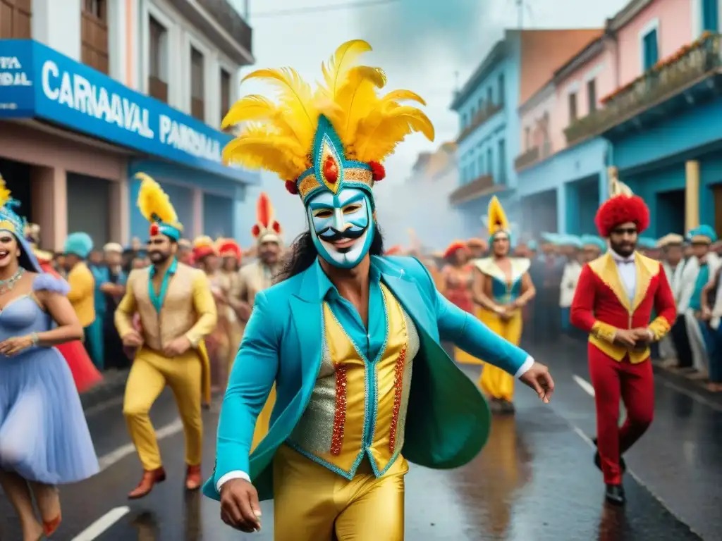 Vibrante pintura acuarela del Carnaval en Uruguay con impacto social y cultural