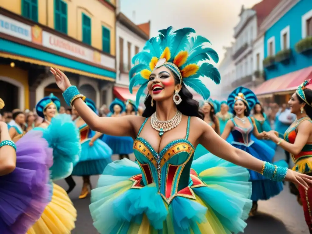 Vibrante pintura acuarela del Carnaval Uruguayo turismo internacional, con danzas, música y coloridas calles en fiesta