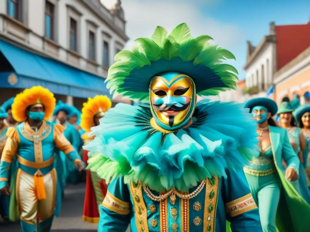 Vibrante pintura acuarela del Carnaval en Uruguay, con desfiles, trajes coloridos y espectadores entusiastas