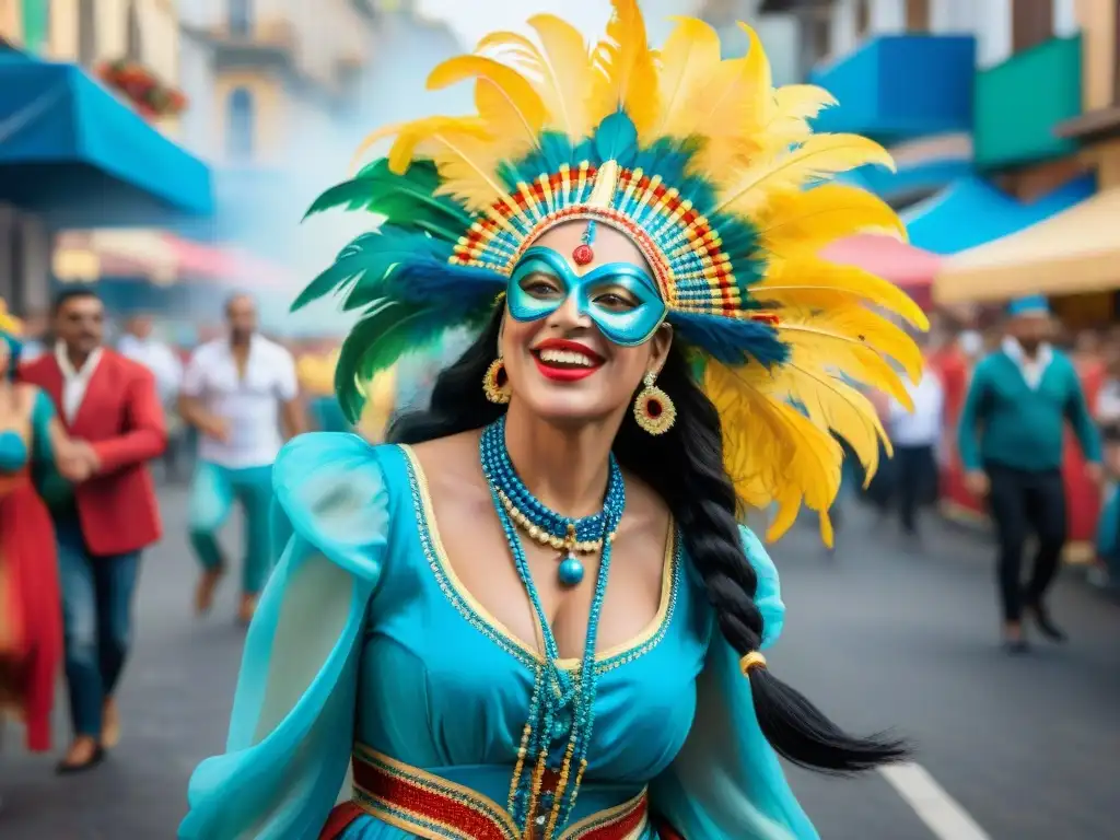 Vibrante pintura acuarela del Carnaval Uruguayo, con trajes tradicionales y música alegre