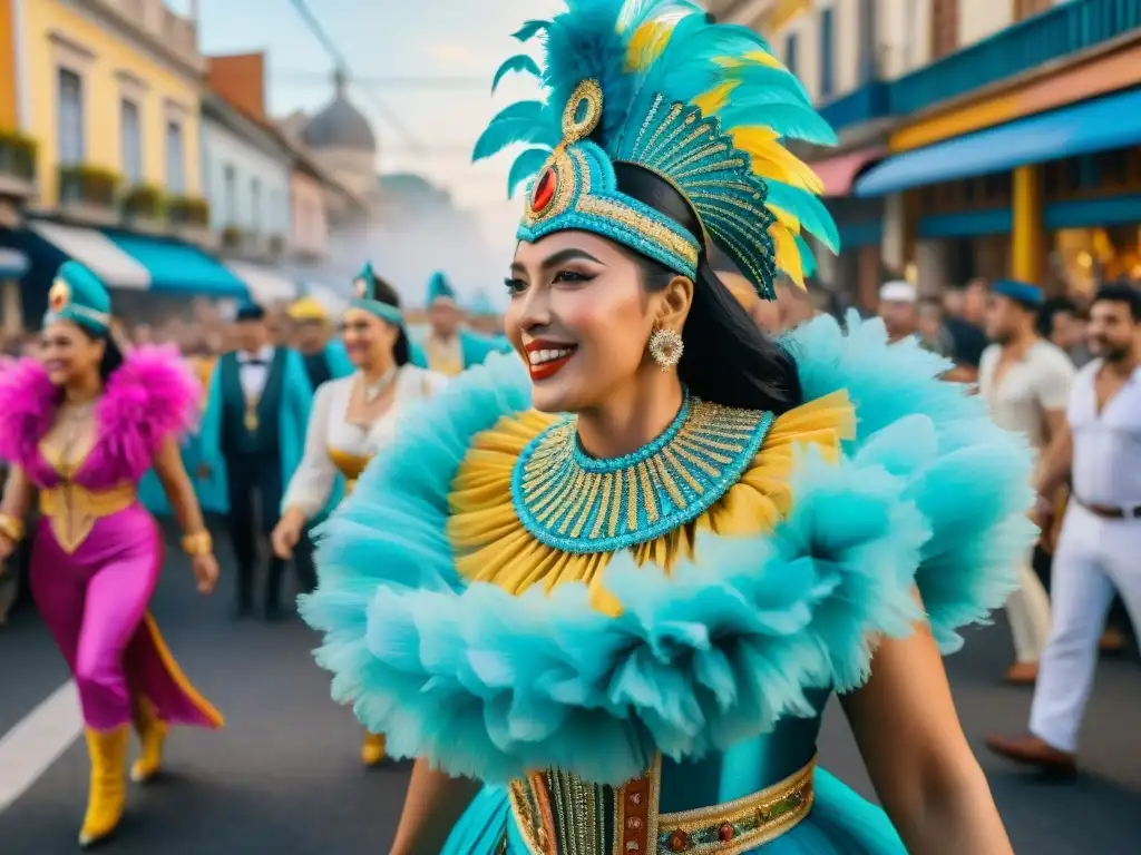 Vibrante pintura acuarela del Carnaval en Uruguay, con desfile, trajes coloridos y bailarines, reflejando la riqueza cultural