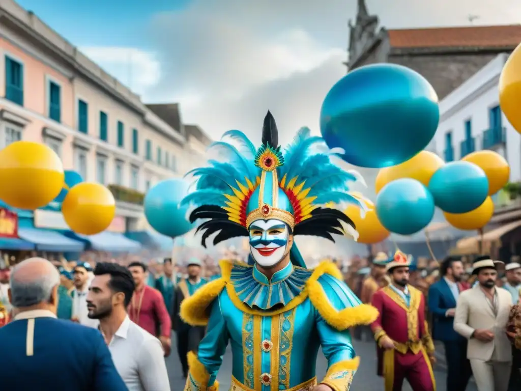 Vibrante pintura acuarela del Carnaval Uruguayo, con desfiles coloridos y multitud animada