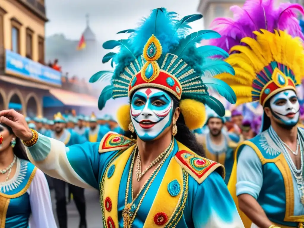 Una vibrante pintura acuarela del Carnaval Uruguayo, con danzantes adornados y espectadores