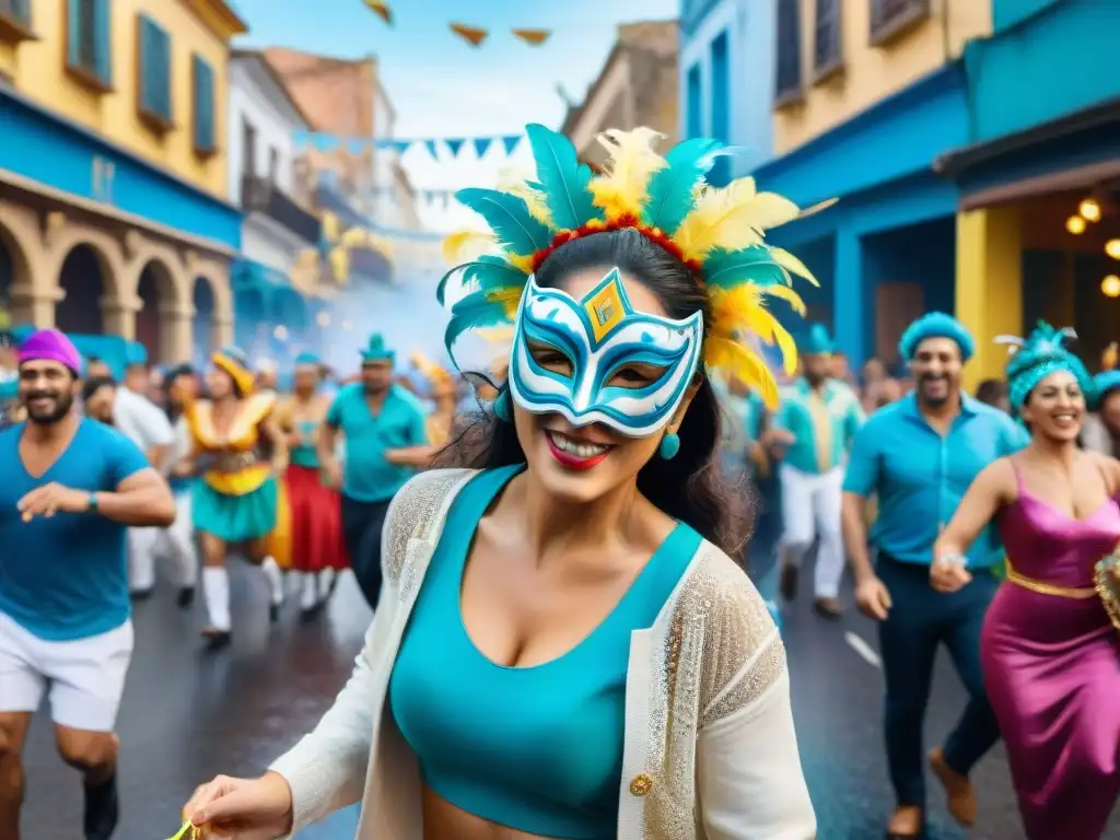 Vibrante pintura acuarela del Carnaval Uruguayo, comunicación cultural a través de coloridos trajes, máscaras y danzas alegres en las calles festivas