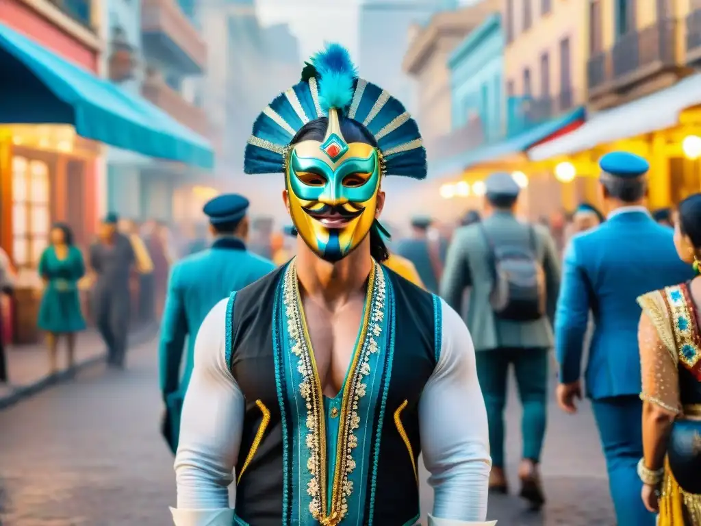 Vibrante pintura acuarela de Carnaval Uruguayo destinos enamorados en Montevideo, con coloridos trajes y máscaras, bailarines alegres y música festiva