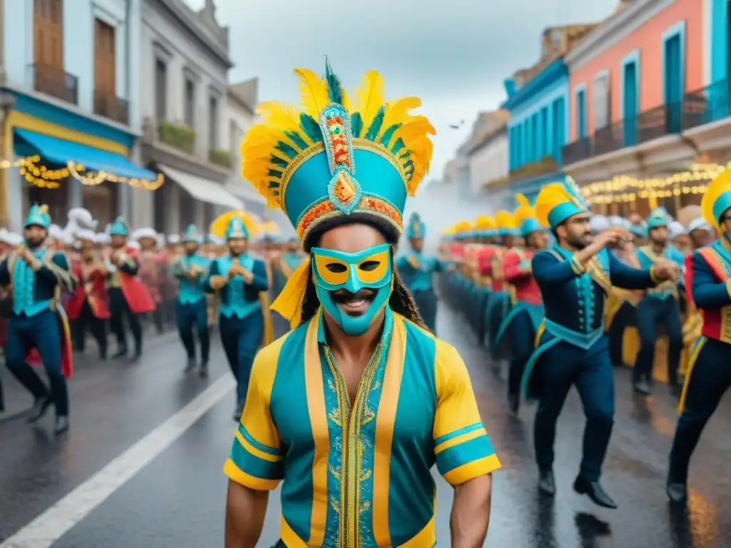 Una vibrante pintura acuarela del Carnaval en Uruguay con bailarines, músicos y decoraciones festivas