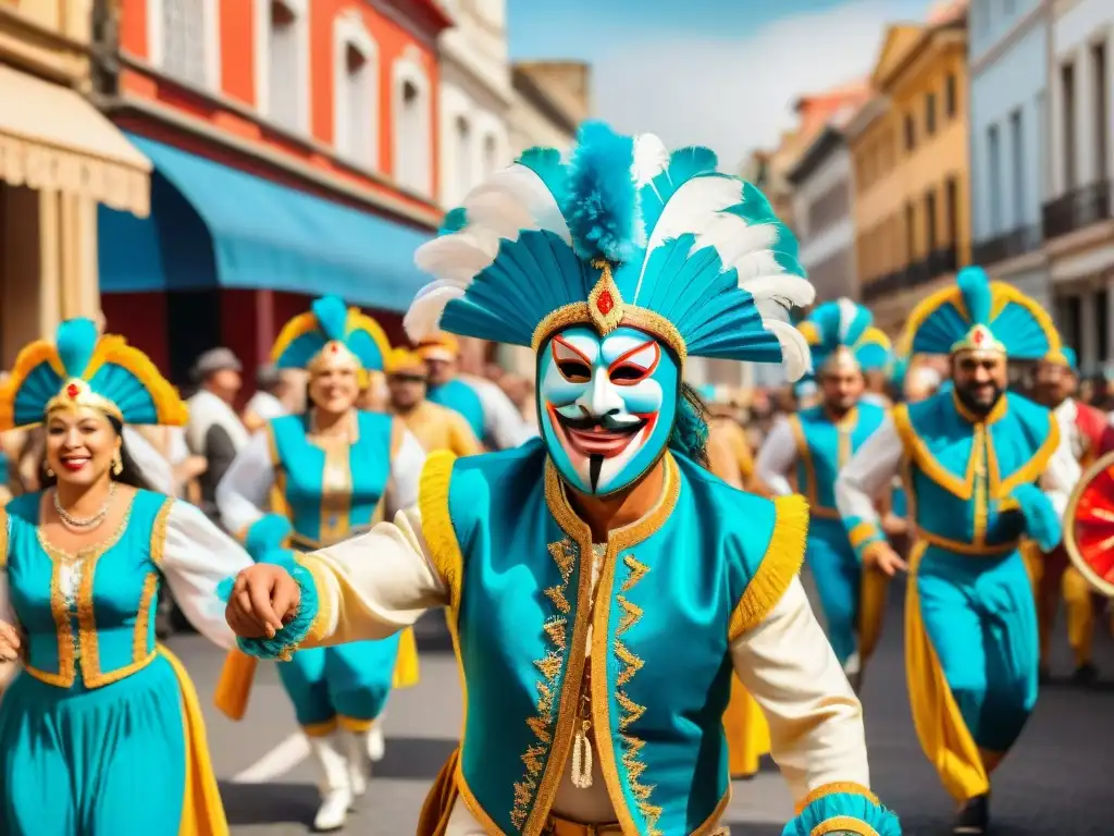 Una vibrante pintura acuarela del Carnaval Uruguayo, con detalles coloridos y danzantes energéticos