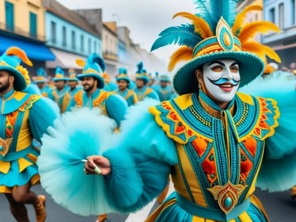 Una vibrante pintura acuarela del Carnaval en Uruguay con desfiles coloridos y bailarines alegres