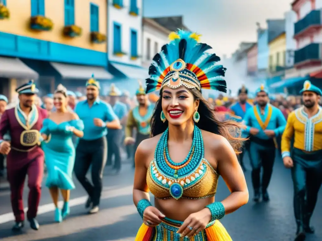 Vibrante pintura acuarela del Carnaval en Uruguay: bailarines, música y color